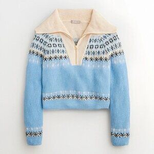 J. Crew Fair Isle Half-Zip Sweater Brushed Yarn Alpaca Wool Blend Cream/Blue XS